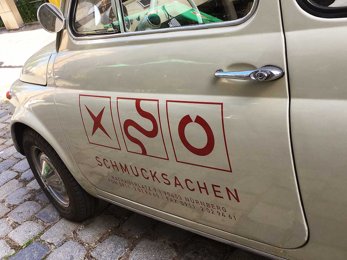 Goldschmied Robert Lucha, Rathausplatz 7, Nürnberg, Branding Fiat 500